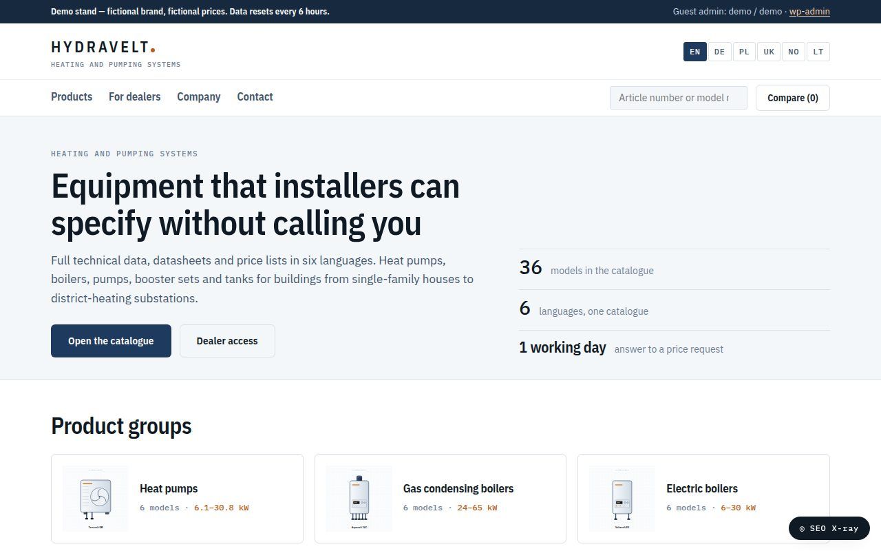 Multilingual B2B equipment catalog with dealer section