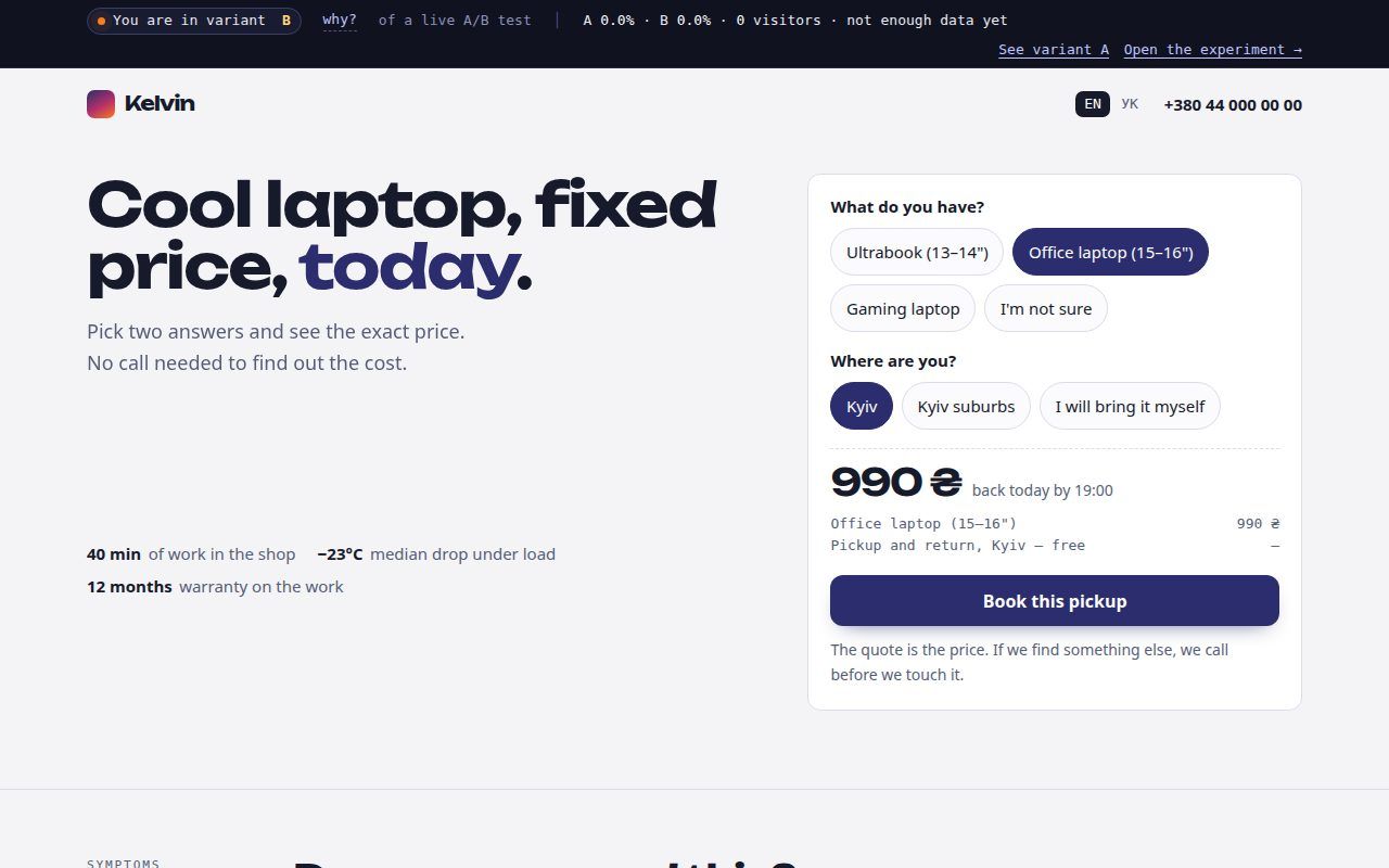Sales landing with A/B test and live statistics