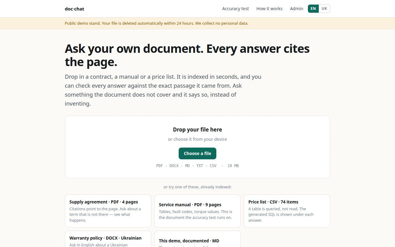 "Upload your documents → chat with sources"