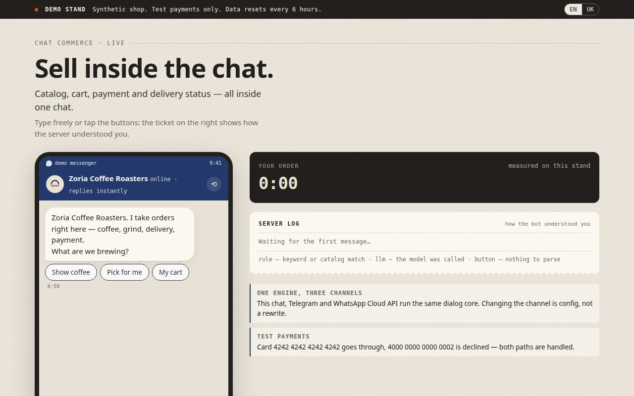 Chat commerce: catalog, order and payment in messenger